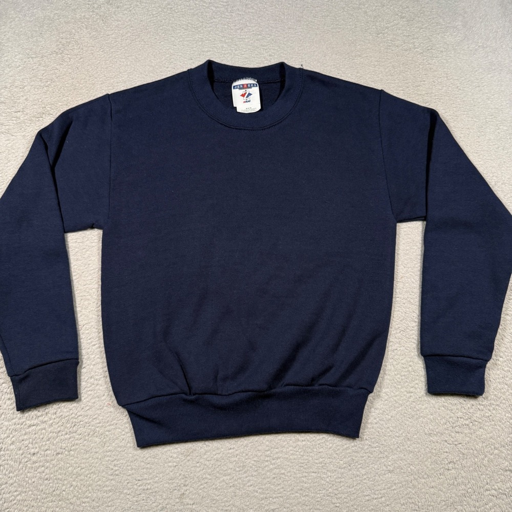 Vintage Y2K Jerzees Sweatshirt Kids M Navy Blue Blank Crewneck Basic NWOT